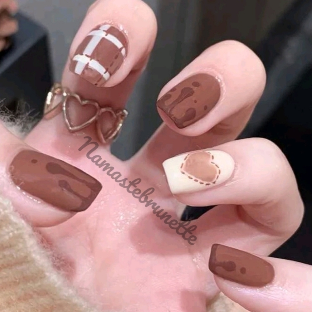 2/$16 Brown Plaid Hearts Press On Nails